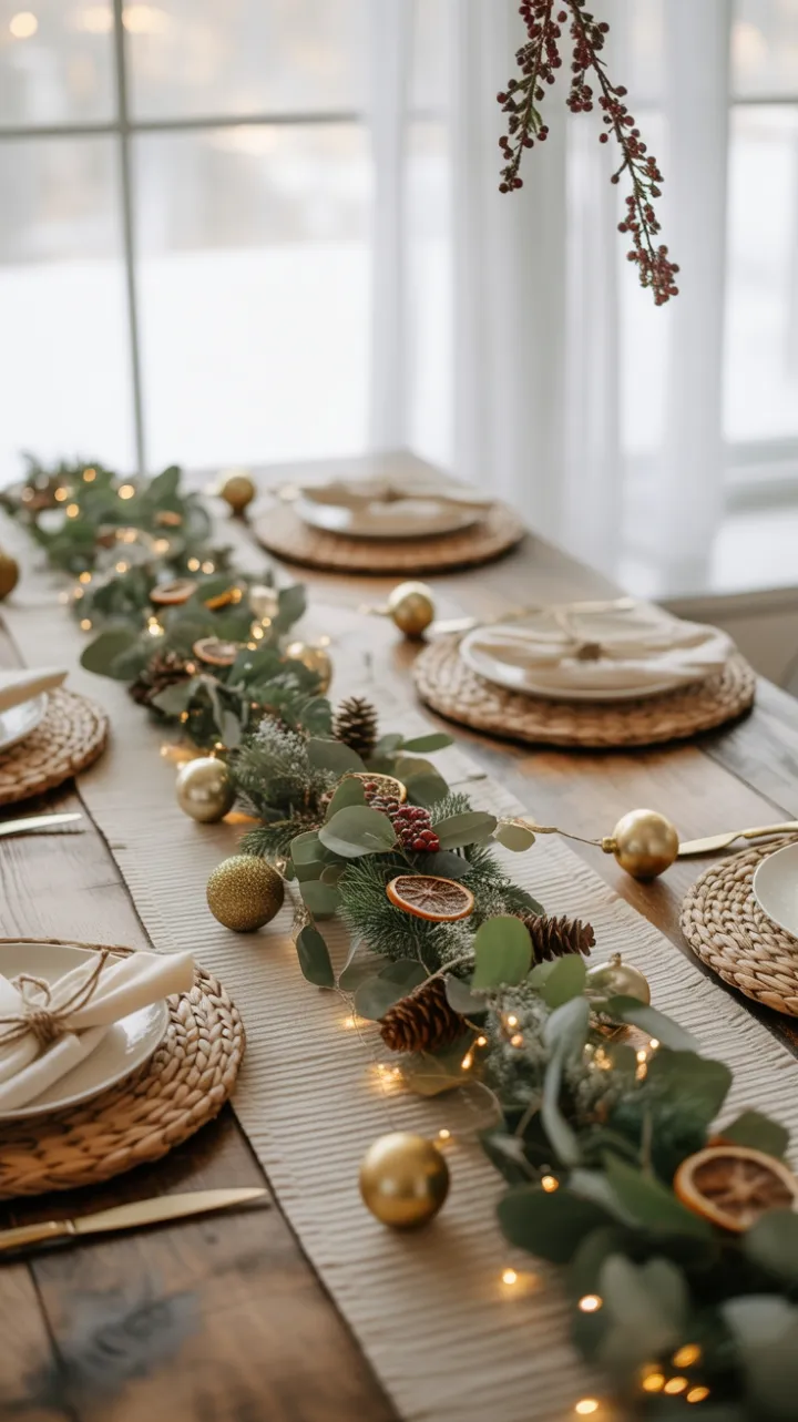 Bohemian Christmas Table Dressed in Eucalyptus, Pinecones and Antique Brass Glow