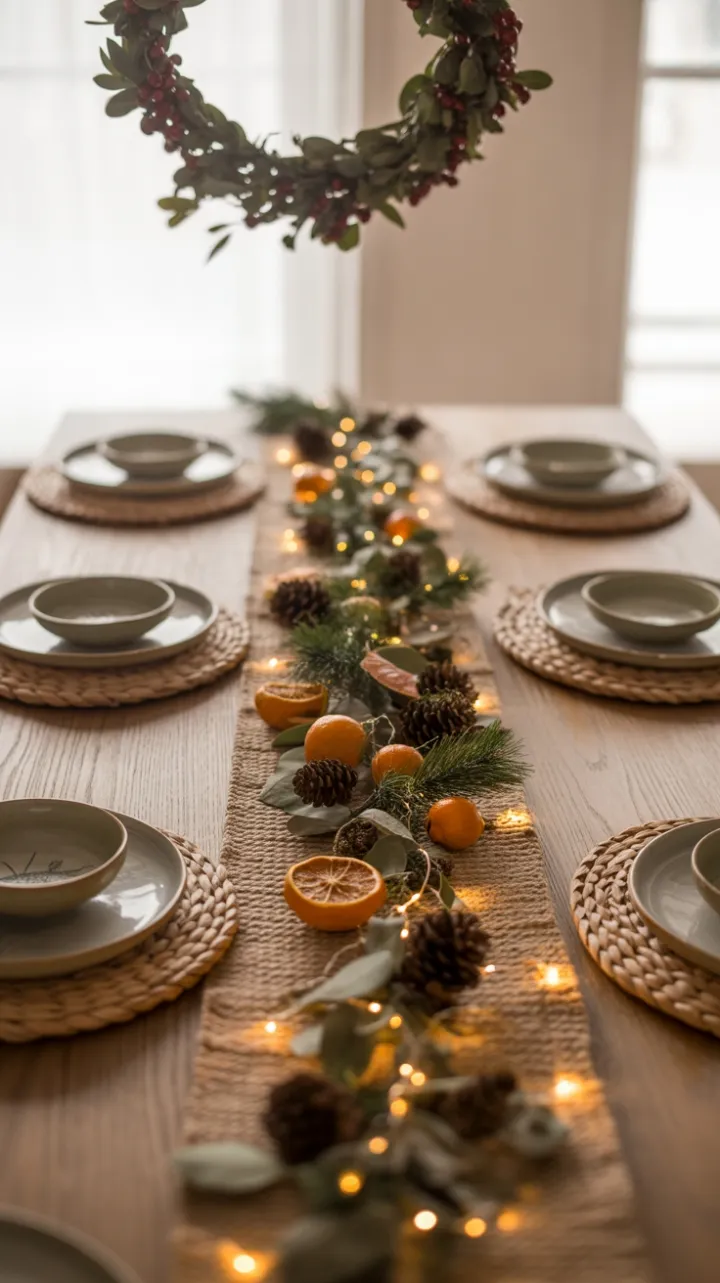 Cozy Rustic Boho Christmas Table with Woven Runner and Twinkling Lights
