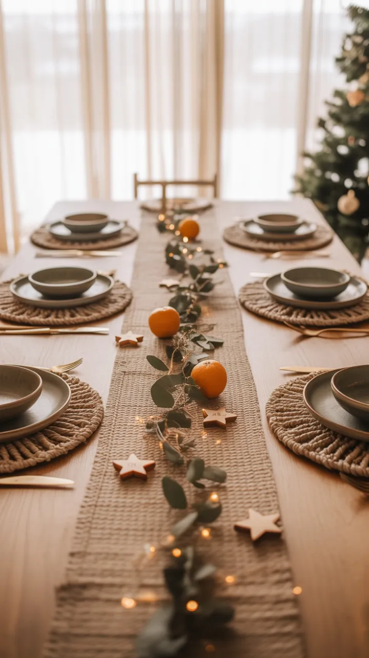 Boho Christmas Table with Jute Runner, Eucalyptus and Fairy Light Glow