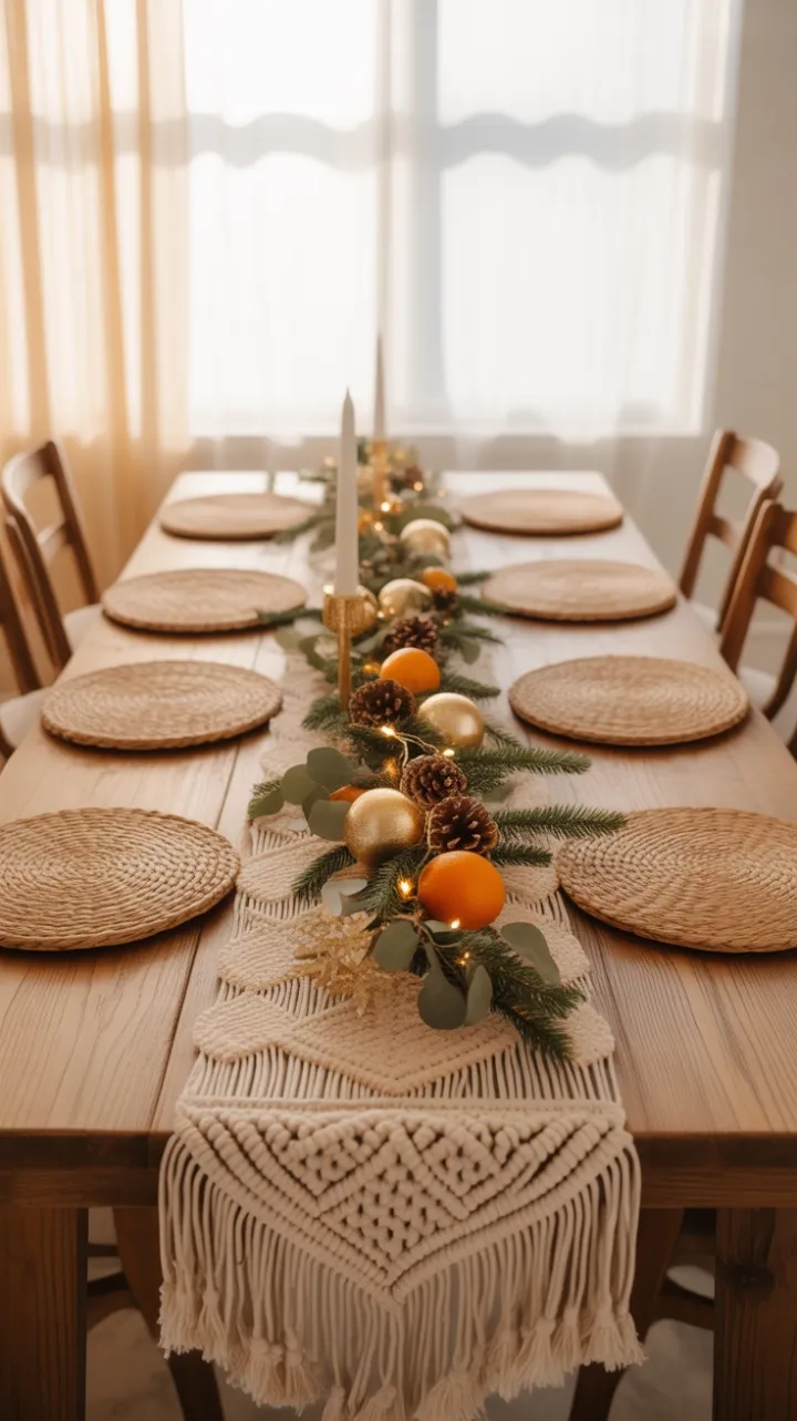 Warm Boho Christmas Table with Dried Orange Garland and Golden Glow