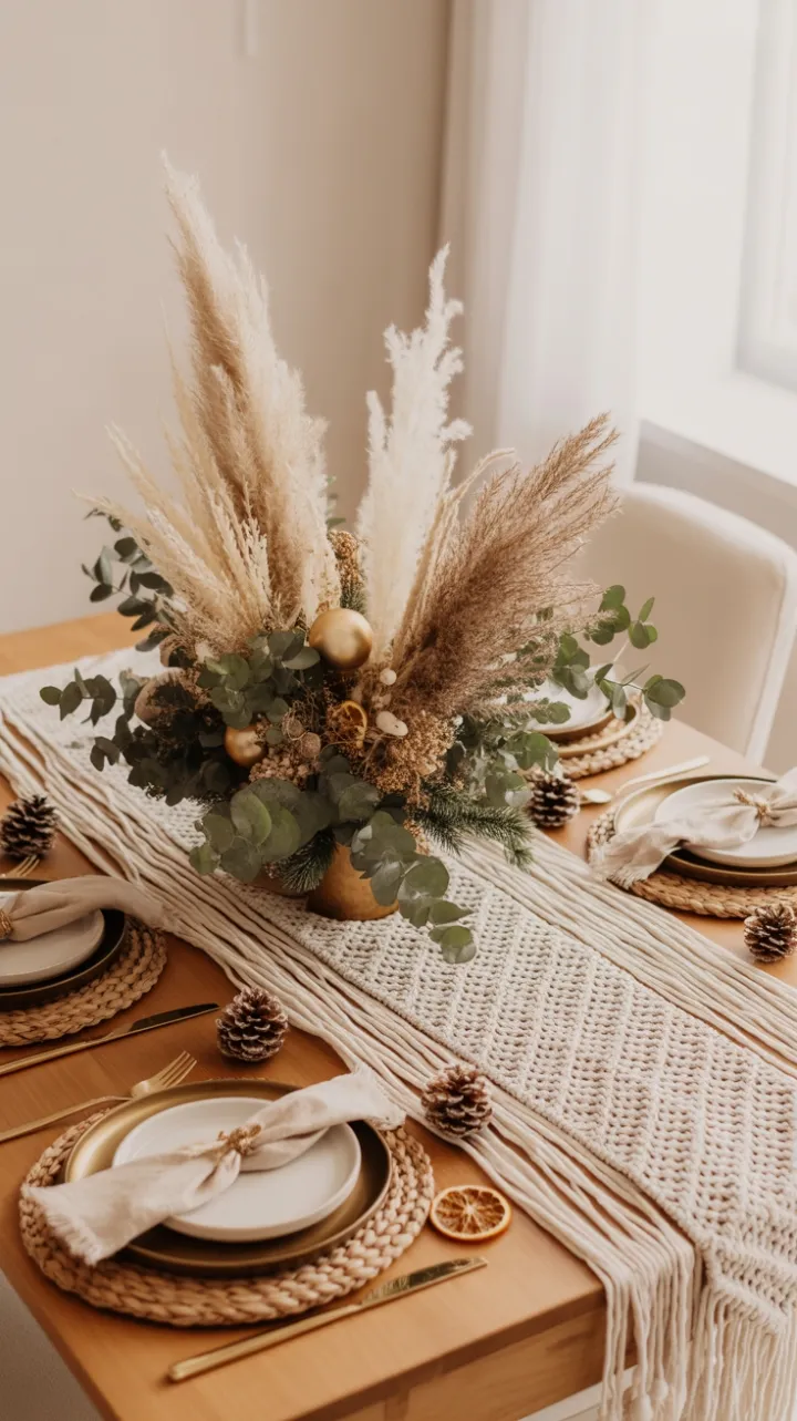 Cozy Boho Christmas Table with Pampas Grass, Eucalyptus, and Golden Glow
