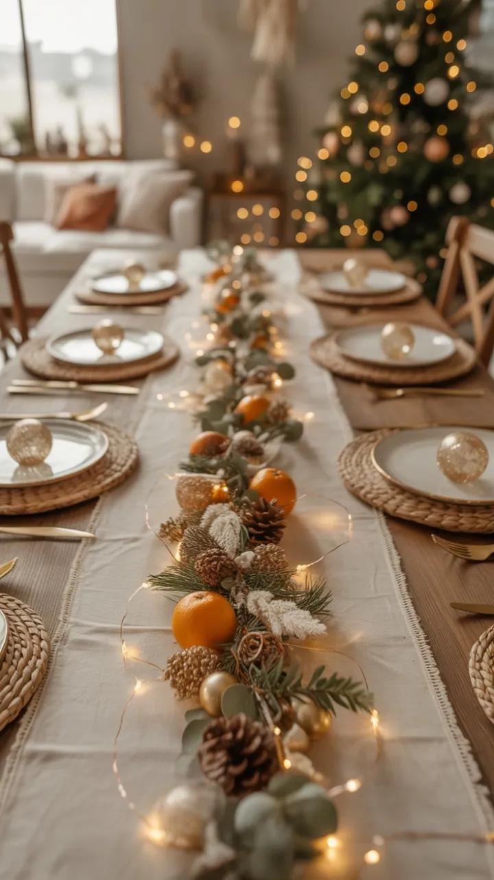 Cozy Boho Christmas Table Adorned with Dried Oranges, Eucalyptus, and Fairy Lights