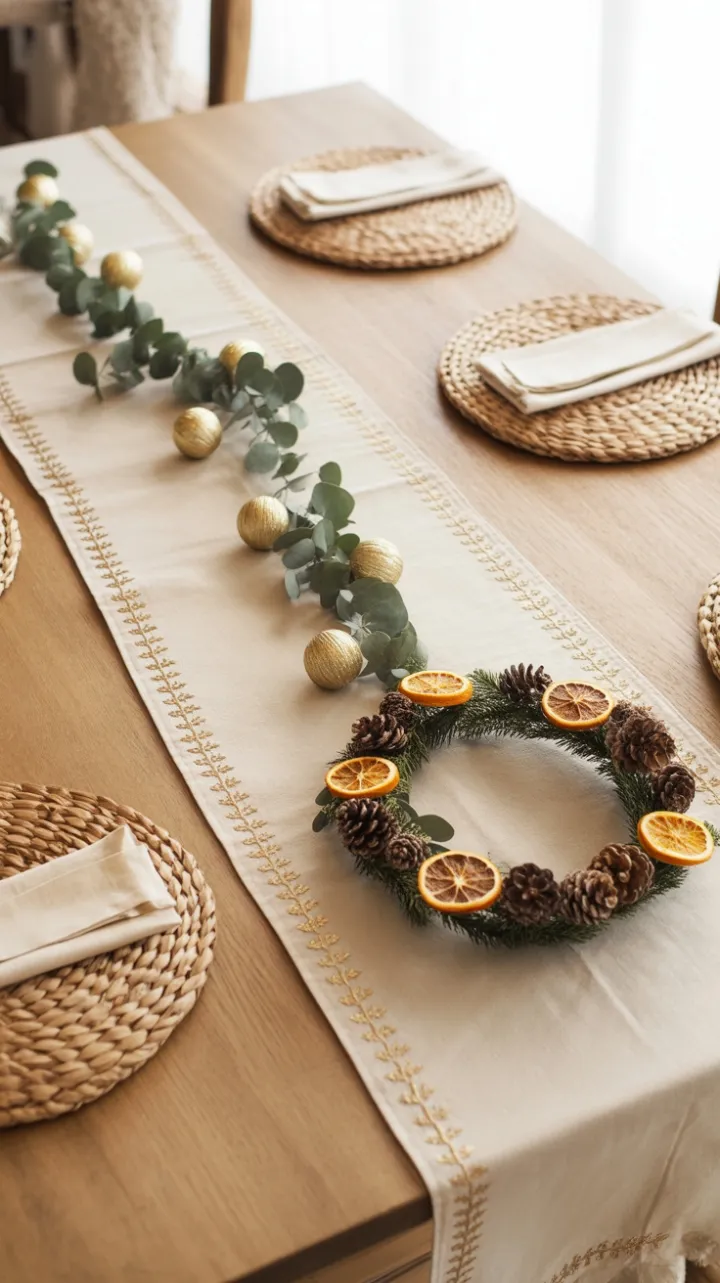 Sunlit Bohemian Christmas Table with Dried Orange Wreath