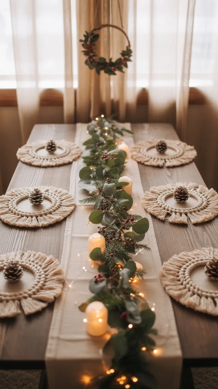 Cozy Bohemian Christmas Table with Eucalyptus Garland and Golden Pinecones