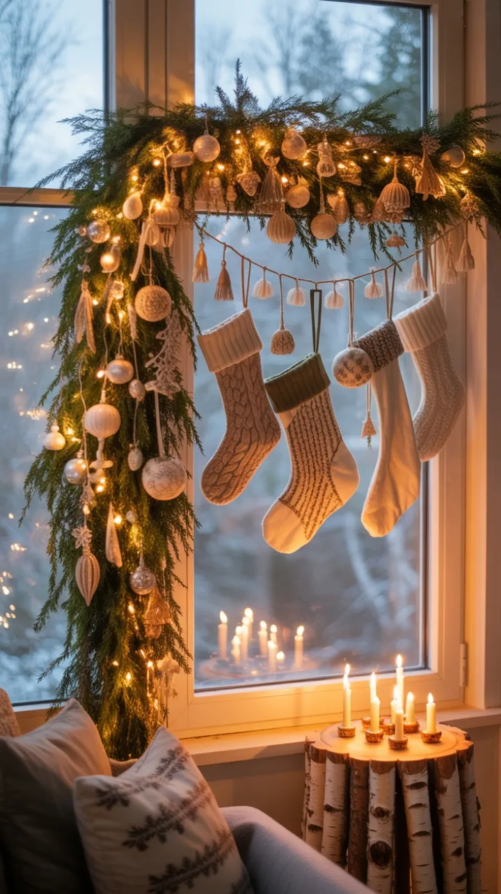 Bohemian Window of Evergreen, Twinkling Lights and Woven Stockings