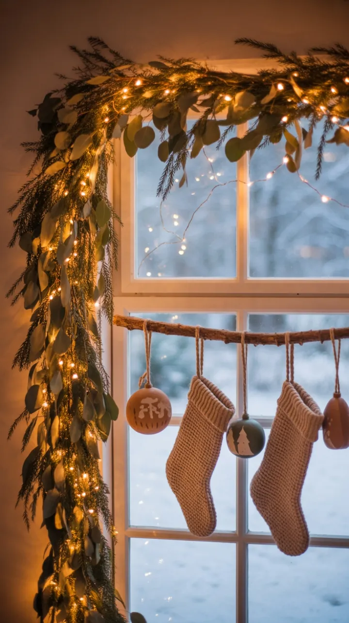 Warm Bohemian Christmas Window with Twinkling Lights