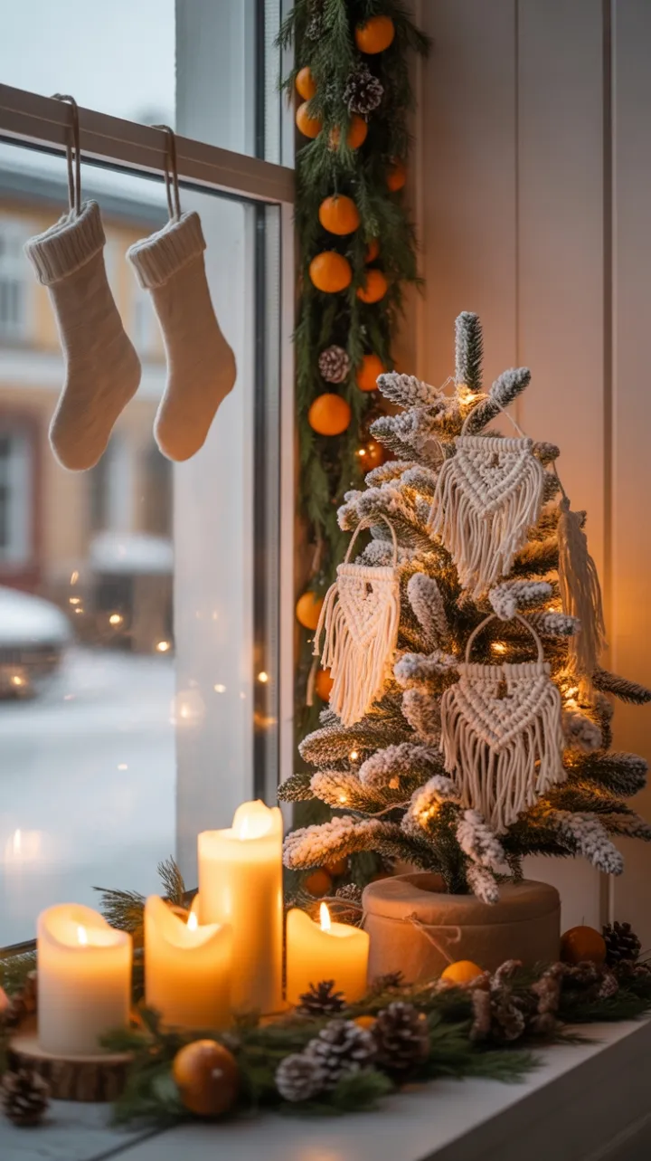 Cozy Bohemian Christmas Window with Macramé, Beeswax Candles and Dried Orange Garland