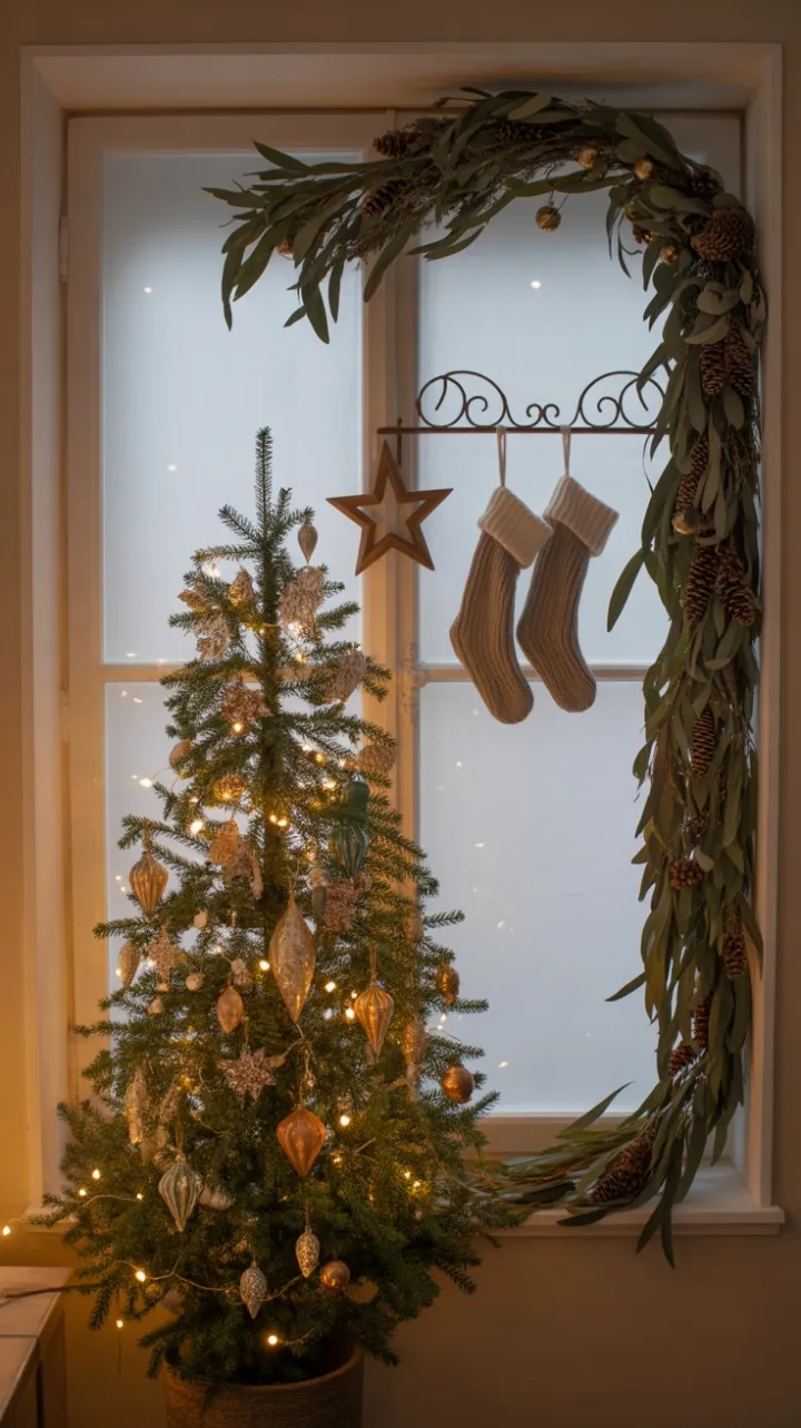 Bohemian Christmas Window Aglow with Earthy Ornaments
