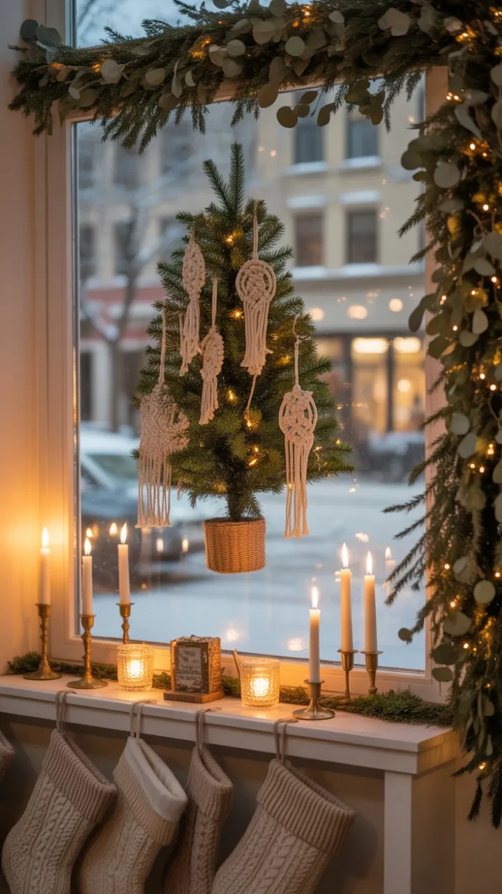 Candlelit Boho Christmas Window Amid Falling Snow