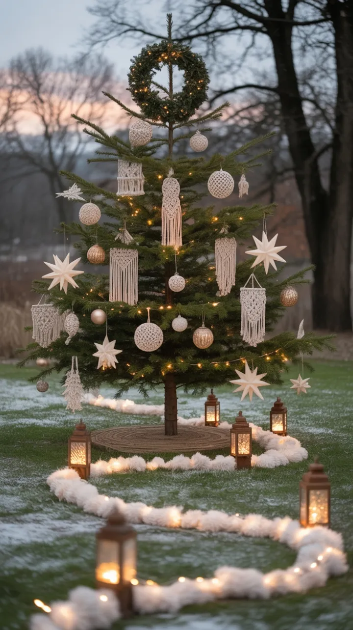 Golden Hour Boho Christmas with Macramé Tree and Lantern-Lit Path
