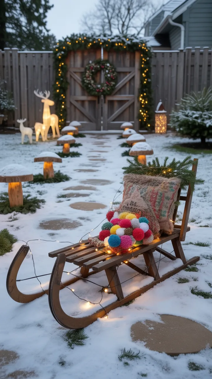 Snow-Dusted Bohemian Christmas with Pom-Pom Sled and Lantern-Lit Pathway