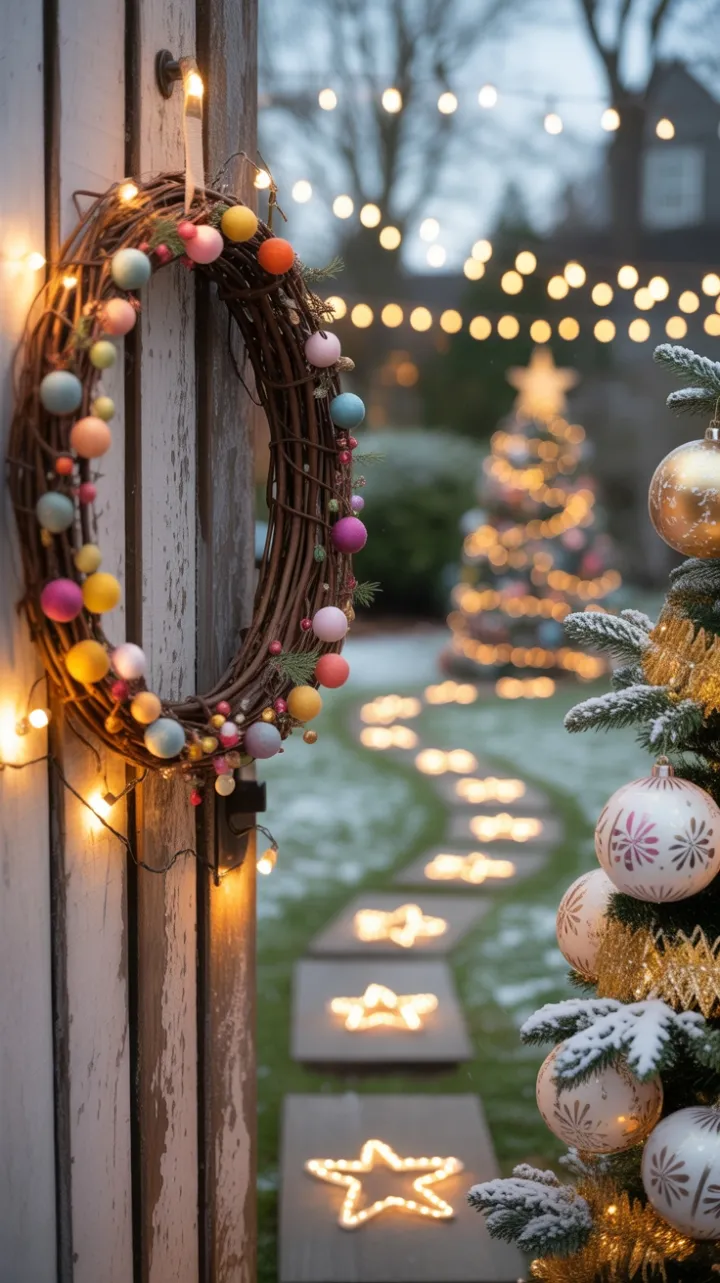 Wreathed Door and Starry Path to a Gilded Christmas Tree