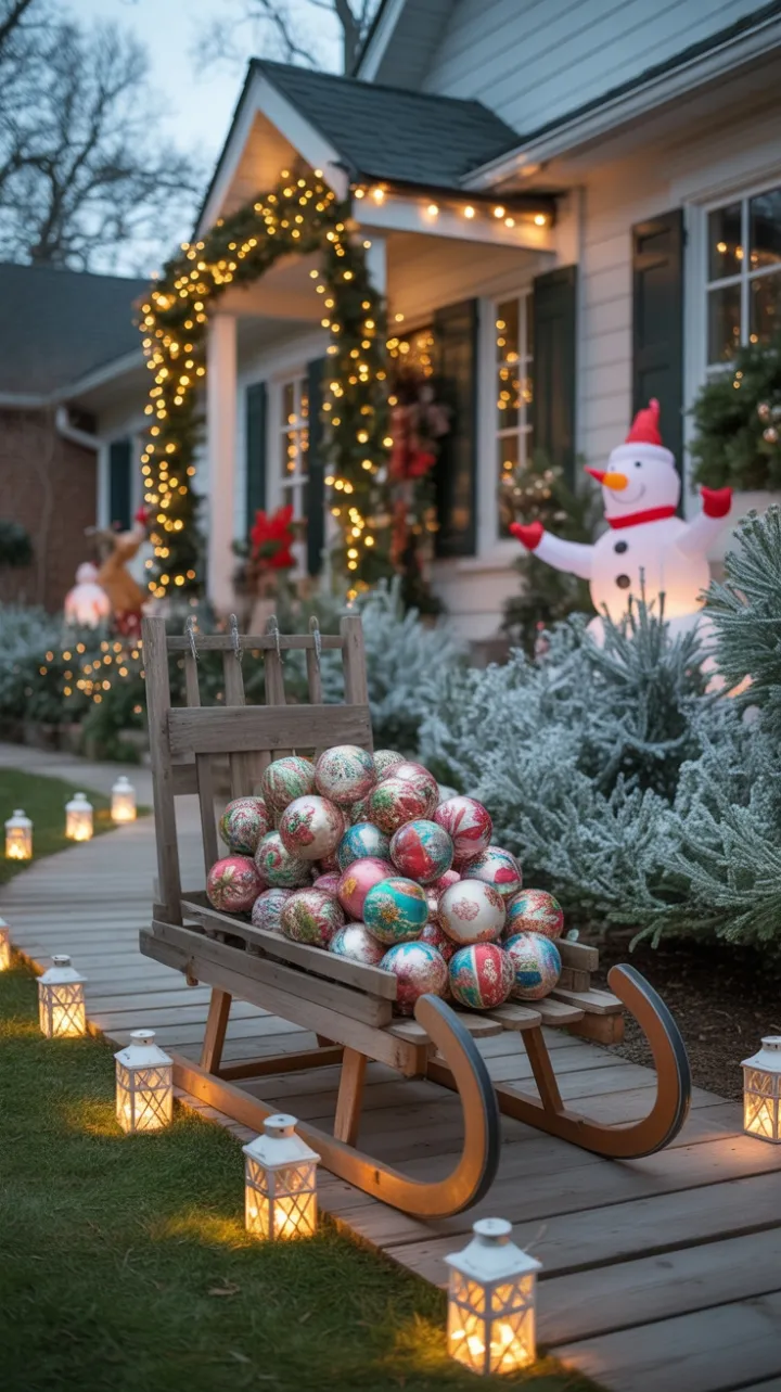 Lantern-Lit Bohemian Christmas with Vintage Sled and Playful Snowmen