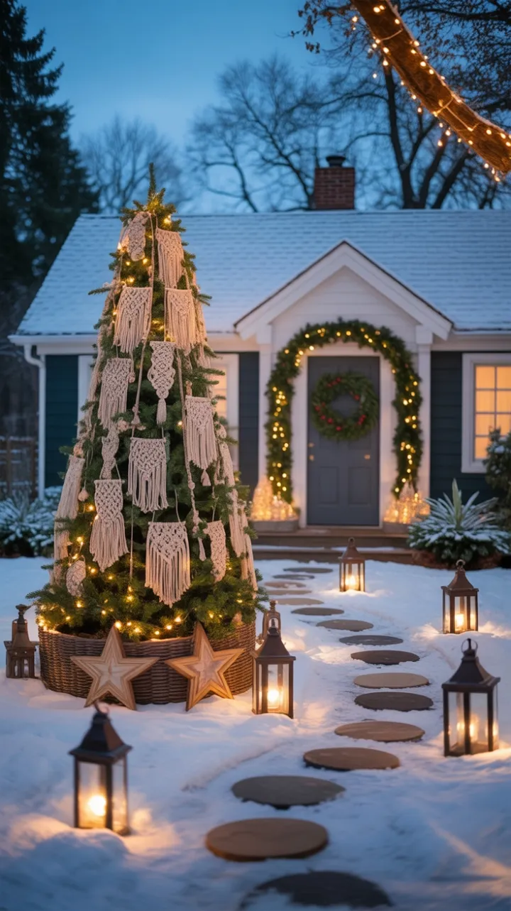 Bohemian Winter Wonderland with Macramé Tree and Lantern-Lit Path