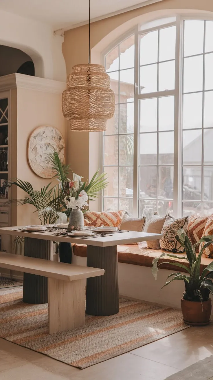 A modern boho dining table with patterned pillows sits near a large window in a light and airy open-concept dining space.