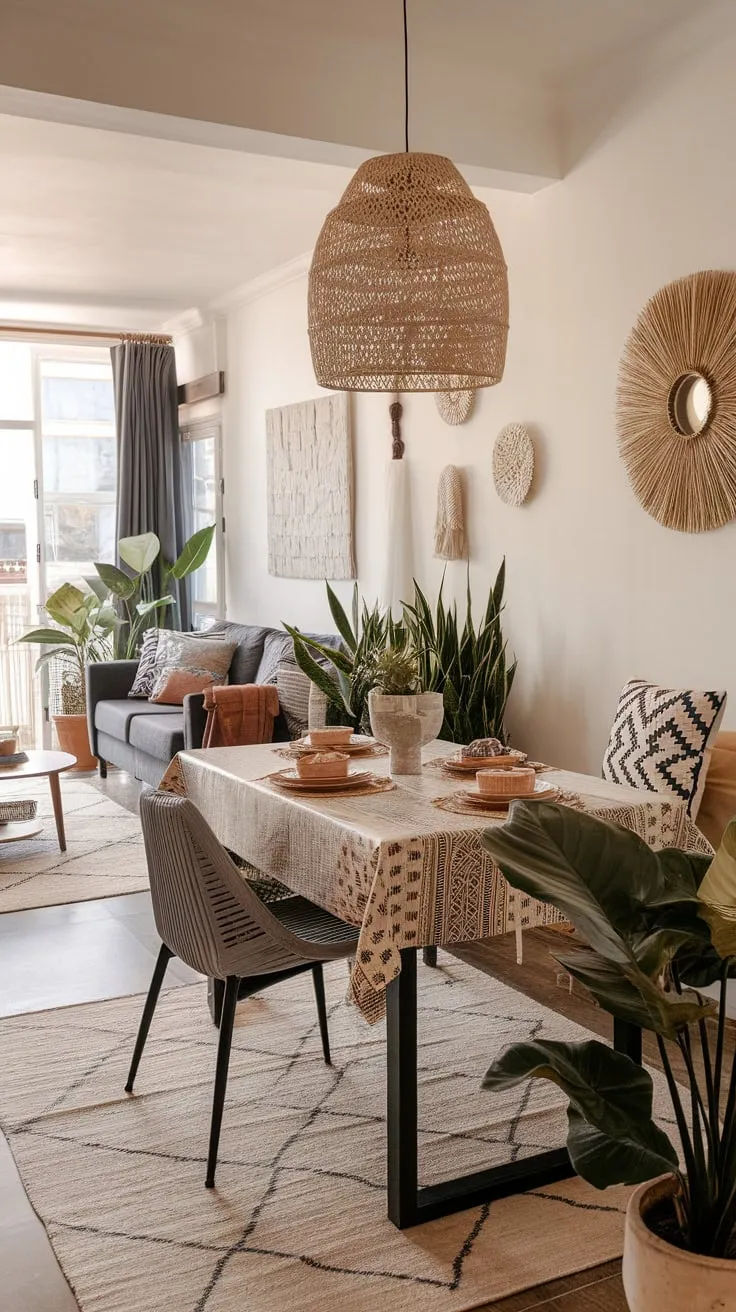 A spacious boho dining room features a patterned table, vibrant textiles, and lush potted plants, creating a relaxed yet stylish open-concept living space