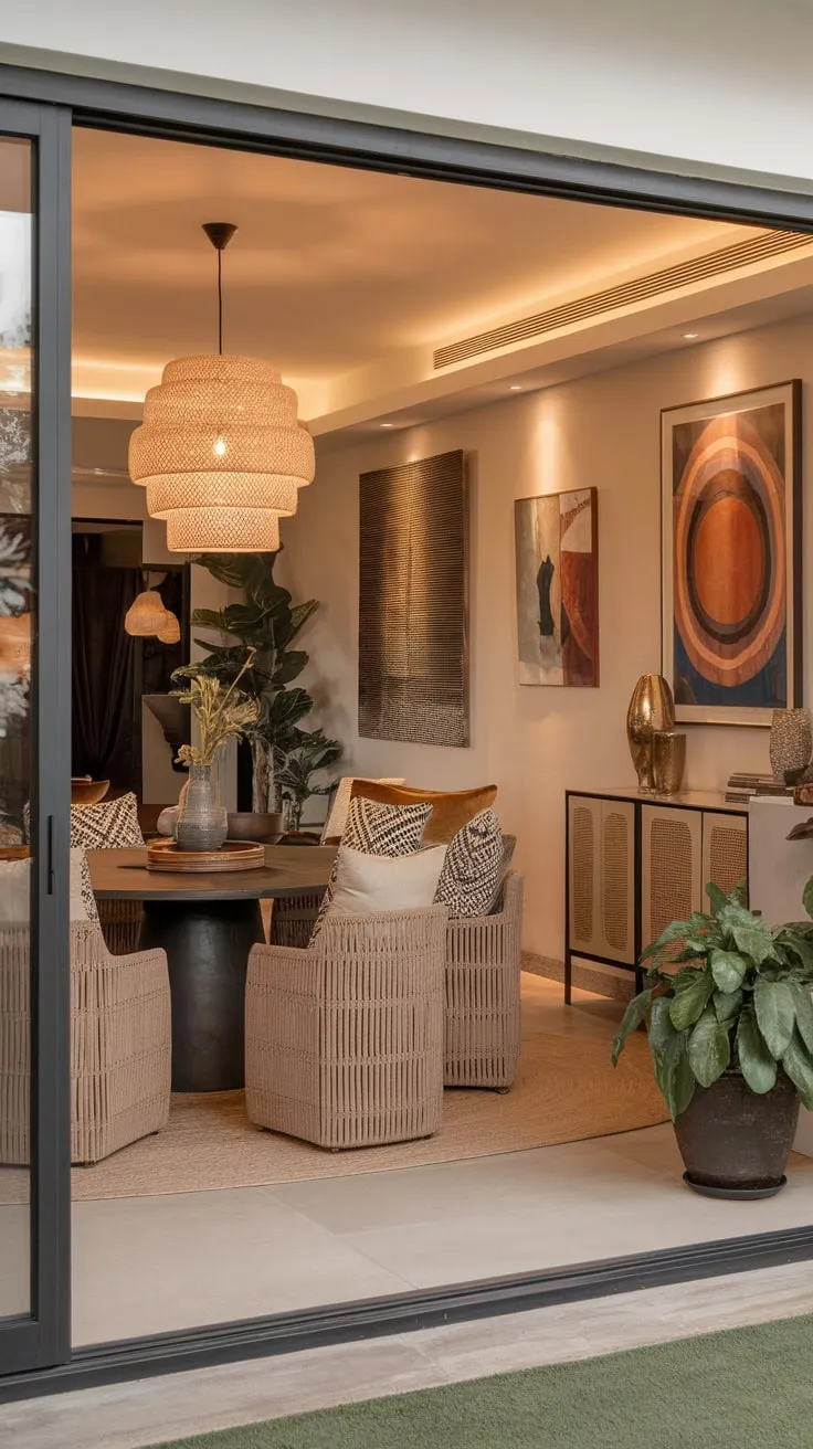 Warm lighting, patterned pillows, and eclectic art create a relaxed modern boho dining space.