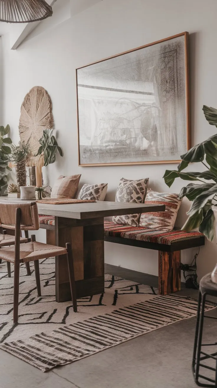 A long dining table adorned with patterned pillows, a geometric rug, and eclectic art creates a modern boho chic dining space.