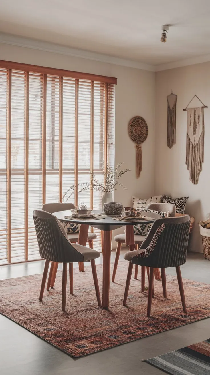 Sunlight streams through wooden blinds onto a patterned rug in a stylish boho dining room, highlighting a modern table and patterned chairs.