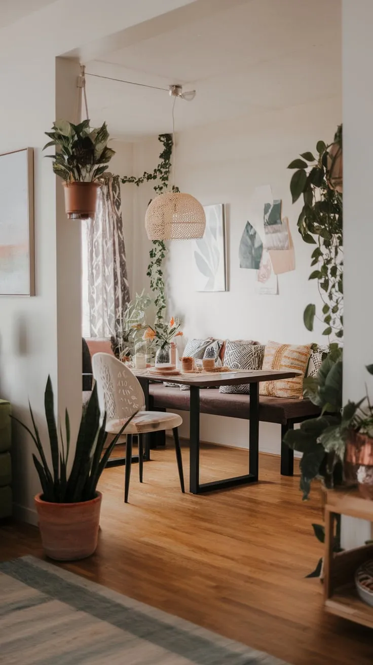 Soft lighting illuminates a modern boho dining room's patterned pillows, wooden floors, and lush greenery, creating an open and inviting space