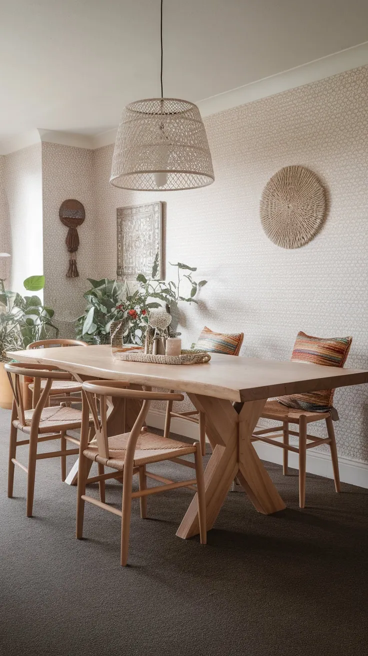 Soft lighting illuminates a modern boho dining room featuring a wood table, patterned pillows, subtle wallpaper, and lush greenery.