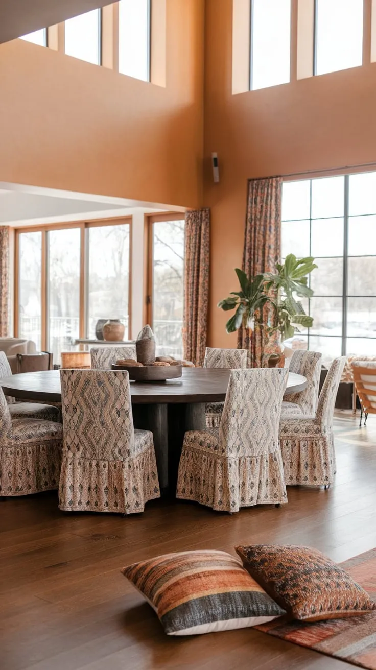 Sun-drenched hardwood floors and earthy walls highlight a dark wood round dining table surrounded by patterned bohemian chairs in a spacious, open-concept dining room