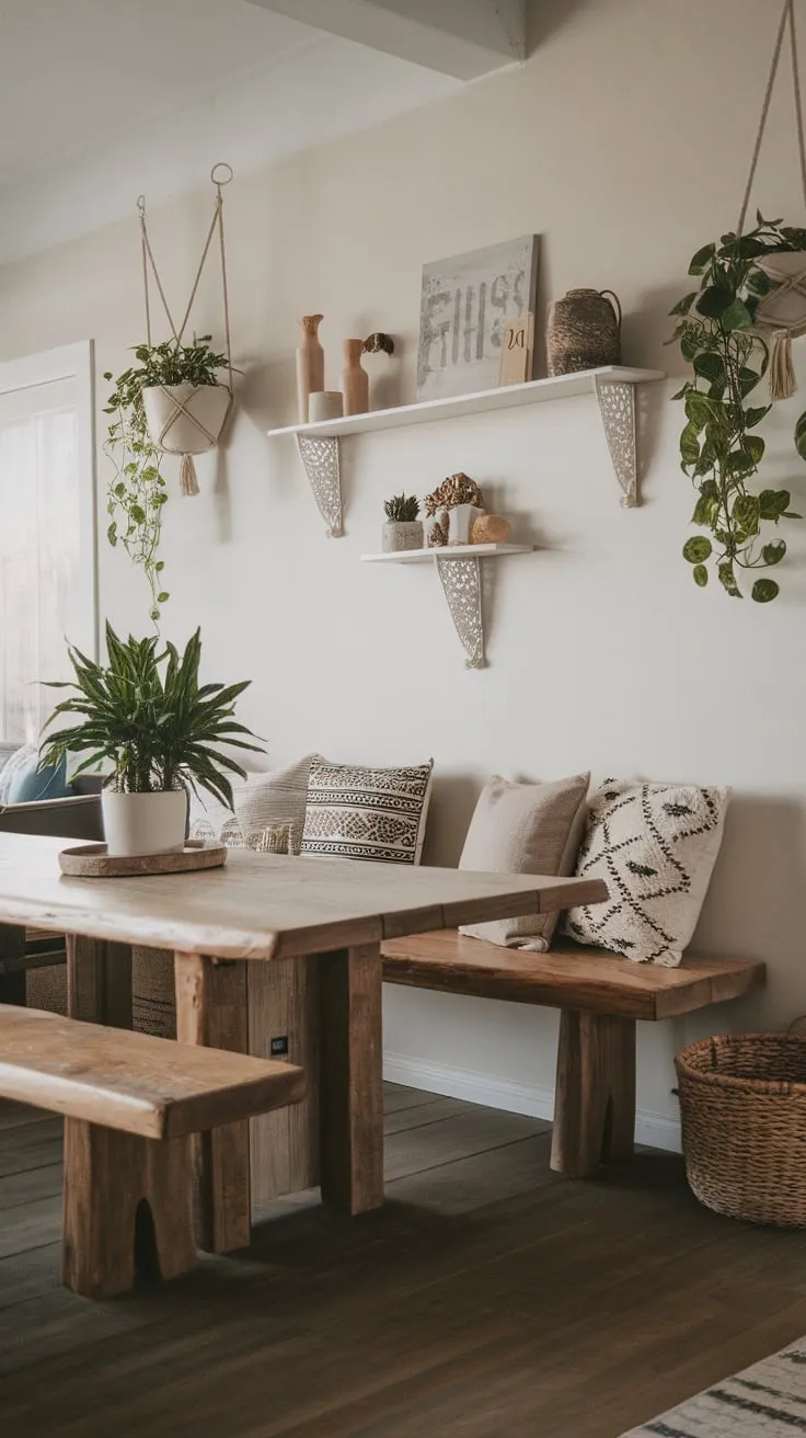 Soft lighting, hanging plants, and patterned pillows create a relaxed modern boho vibe in this open-concept dining room.