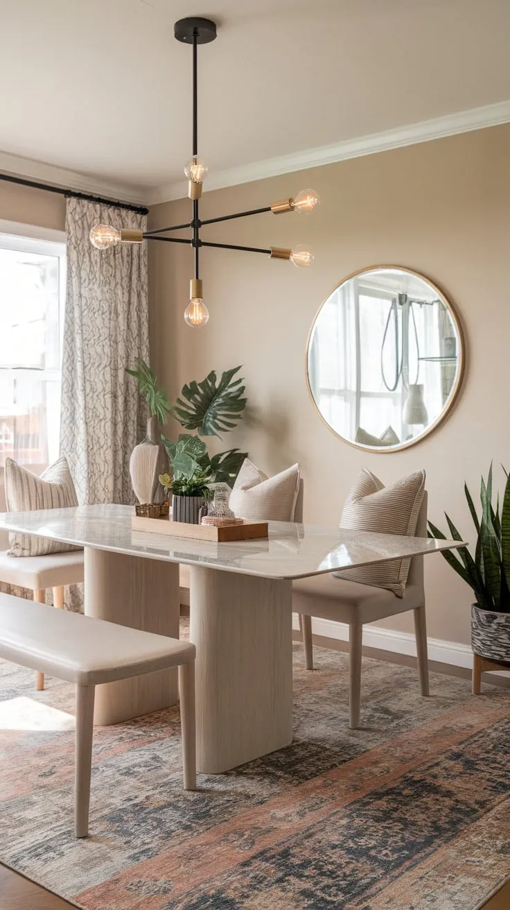Soft beige walls and eclectic textures create a warm, inviting boho dining room in an open-plan apartment.