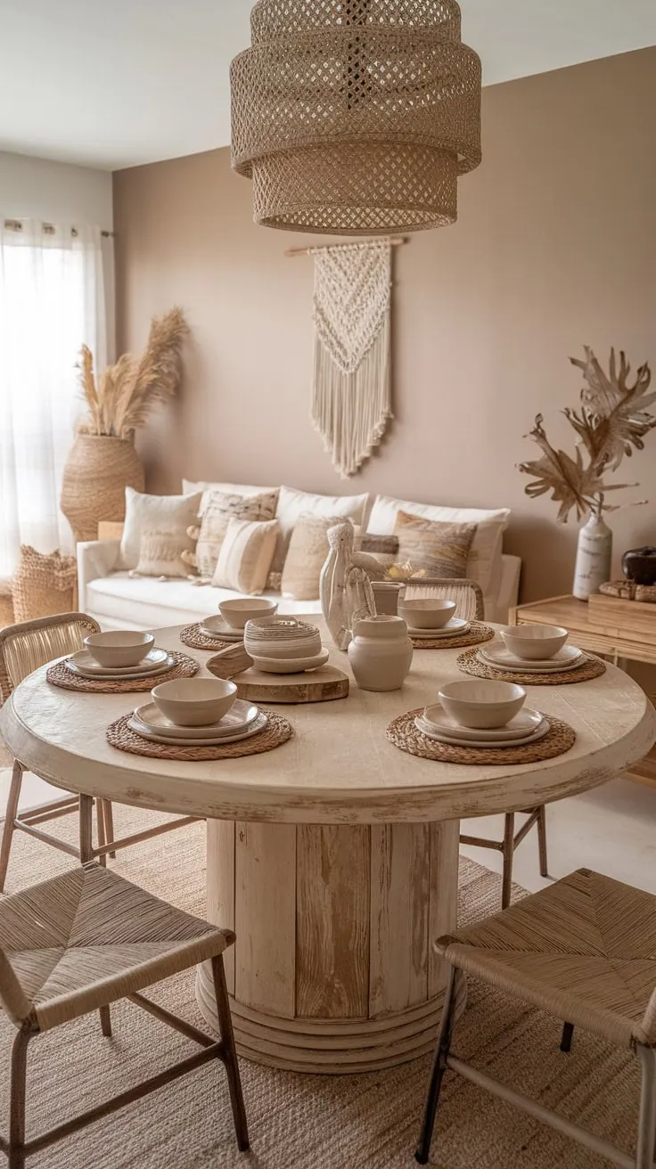 Natural textures and muted tones define the relaxed boho style of this open-plan apartment's inviting dining space.
