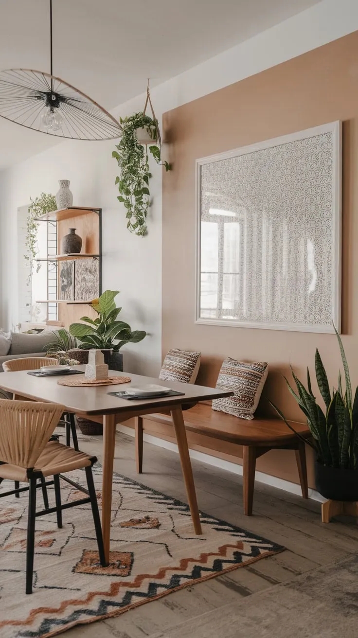 A patterned rug, hanging plants, and a patterned wall frame create a vibrant modern boho dining space flowing into an open-concept living area