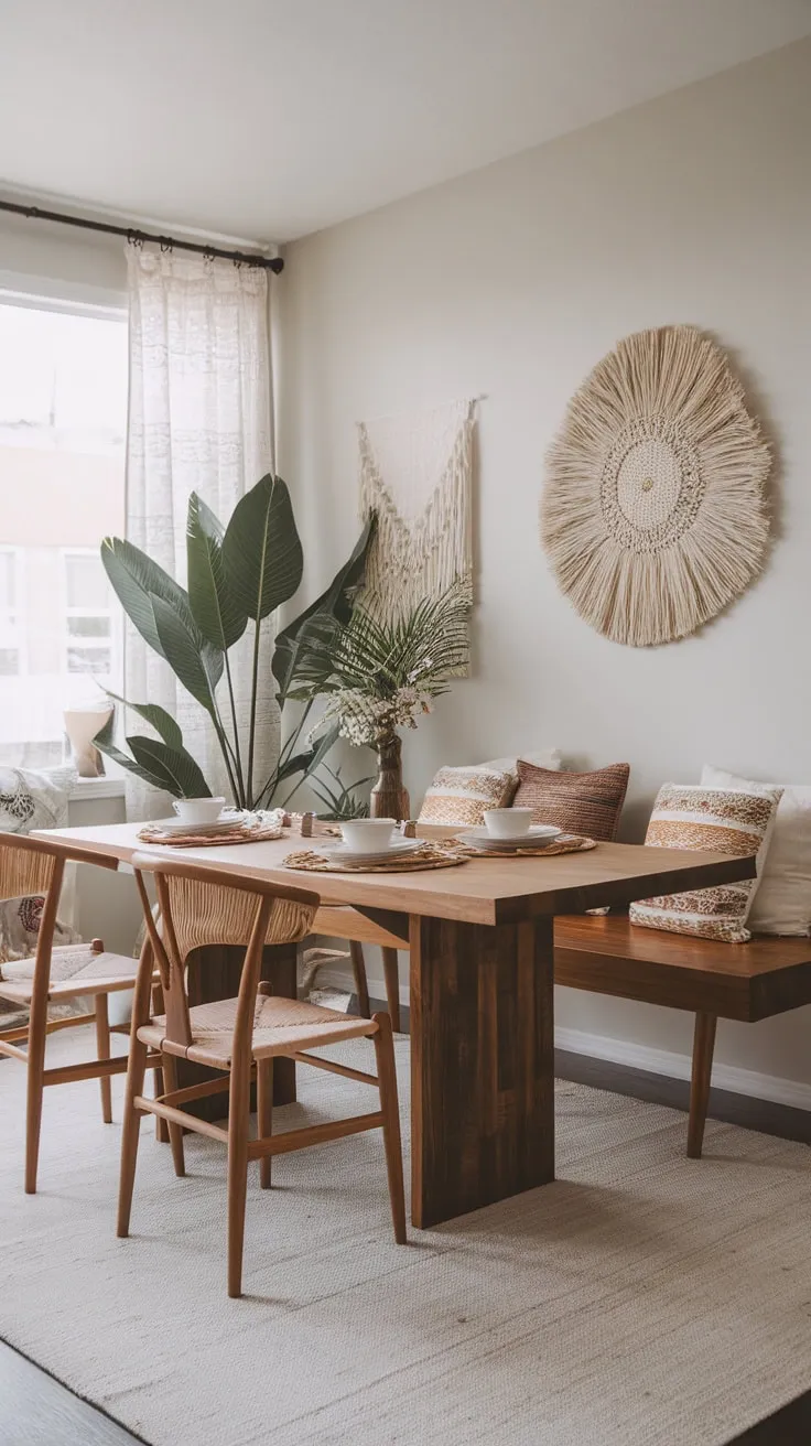A light grey open-concept apartment boasts a modern boho dining room featuring a wooden table, patterned pillows, a large plant, and a white rug.