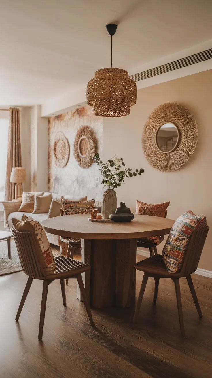 A wood-floored boho dining room glows with soft light, its round table adorned with colorful patterned pillows and subtle wall décor.