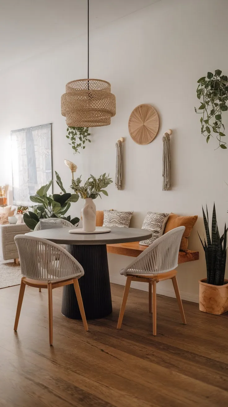 A round table adorned with patterned pillows anchors a sunlit boho dining room, its open concept enhanced by wood floors and eclectic wall decor.