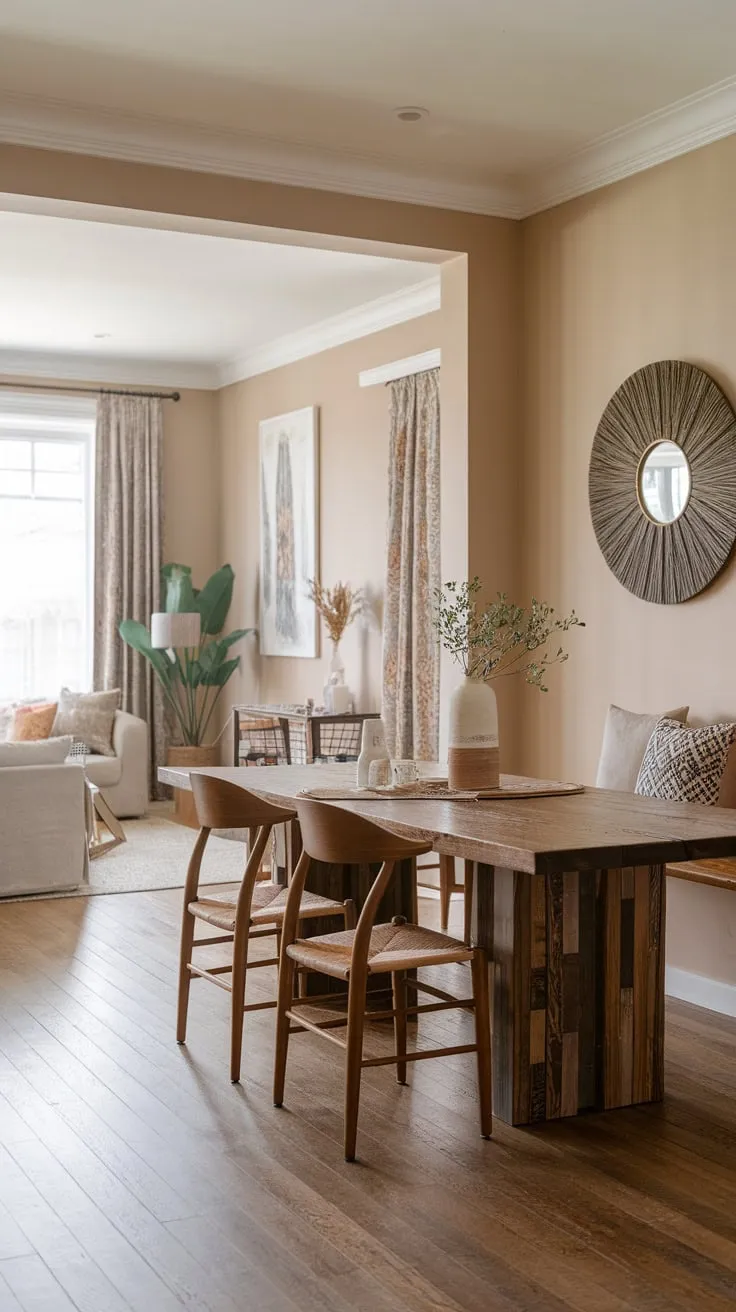 A beige-walled boho-chic dining room features a wooden table, patterned chairs, and flows openly into a living area.