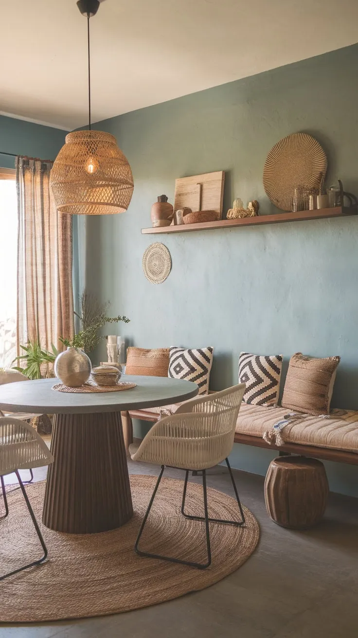 A textured blue dining room showcases a modern boho table, patterned pillows, and warm lighting for an inviting atmosphere.