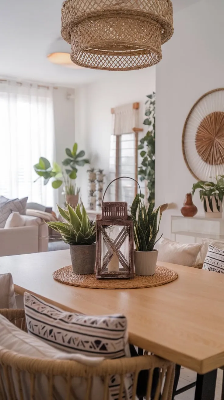 A modern boho-chic dining table, adorned with patterned pillows and greenery, anchors a stylish open-concept apartment's dining area.