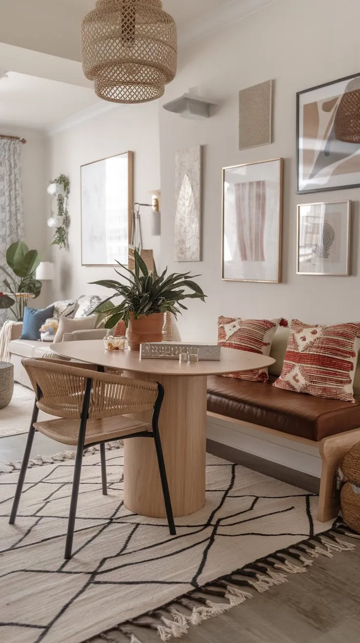 A vibrant boho dining room, open to a living space, showcases eclectic art, patterned textiles, and woven furniture, creating a relaxed yet stylish atmosphere