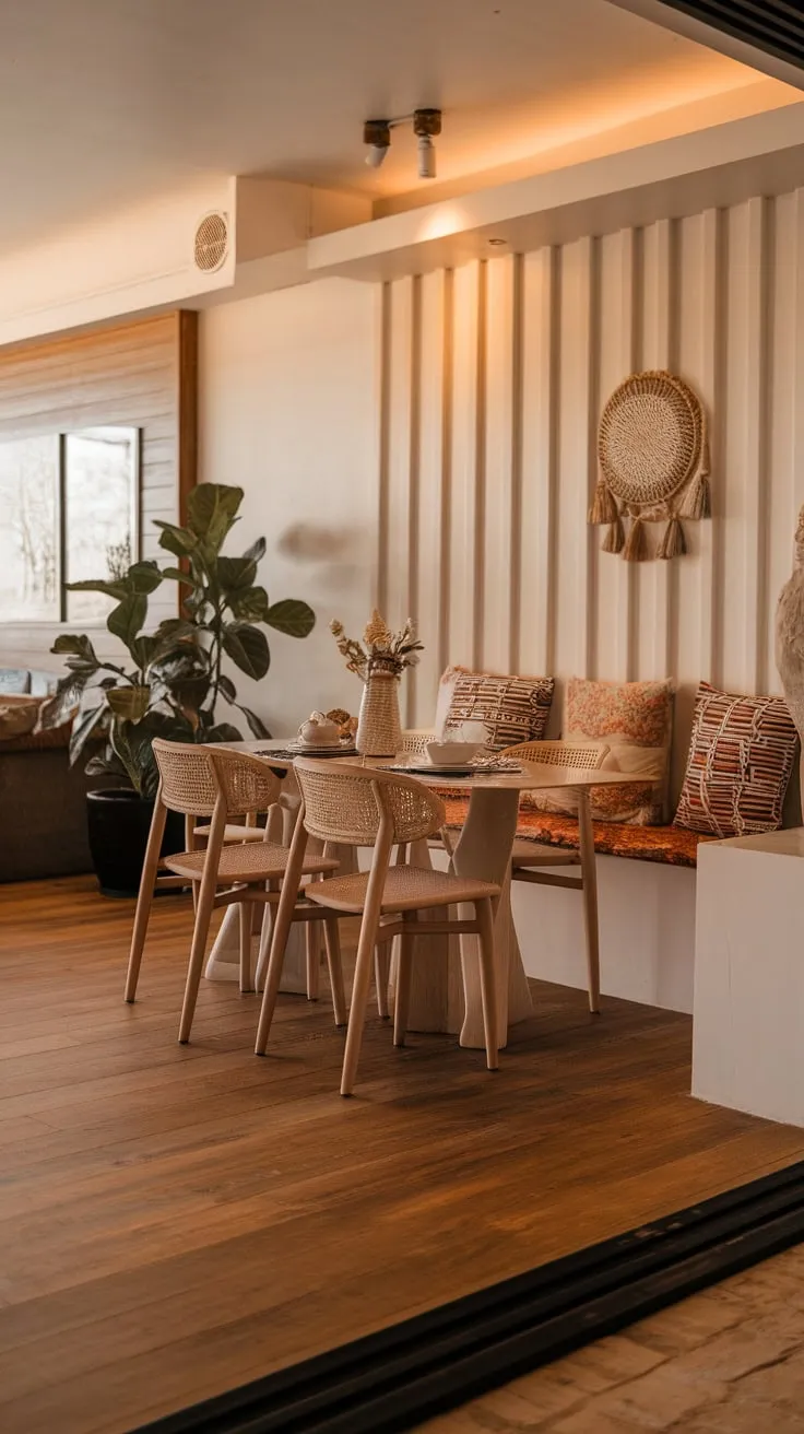 Warm lighting illuminates a modern boho chic dining space featuring a wooden-floored open concept, patterned pillows, and a potted plant complementing the four-chair dining table.