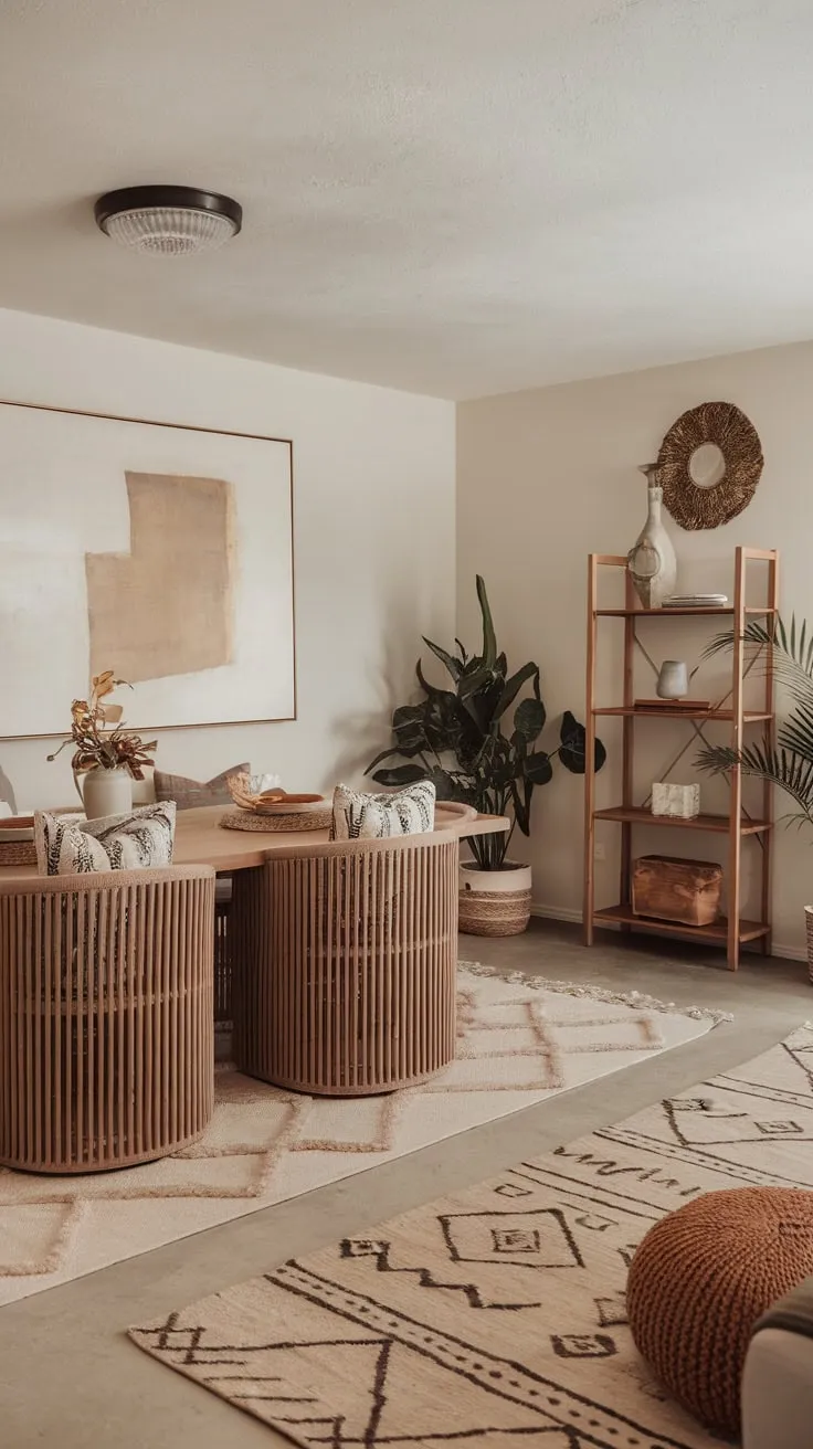 Patterned pillows, abstract art, and potted plants infuse a boho-chic vibe into this open-concept dining room's inviting atmosphere.