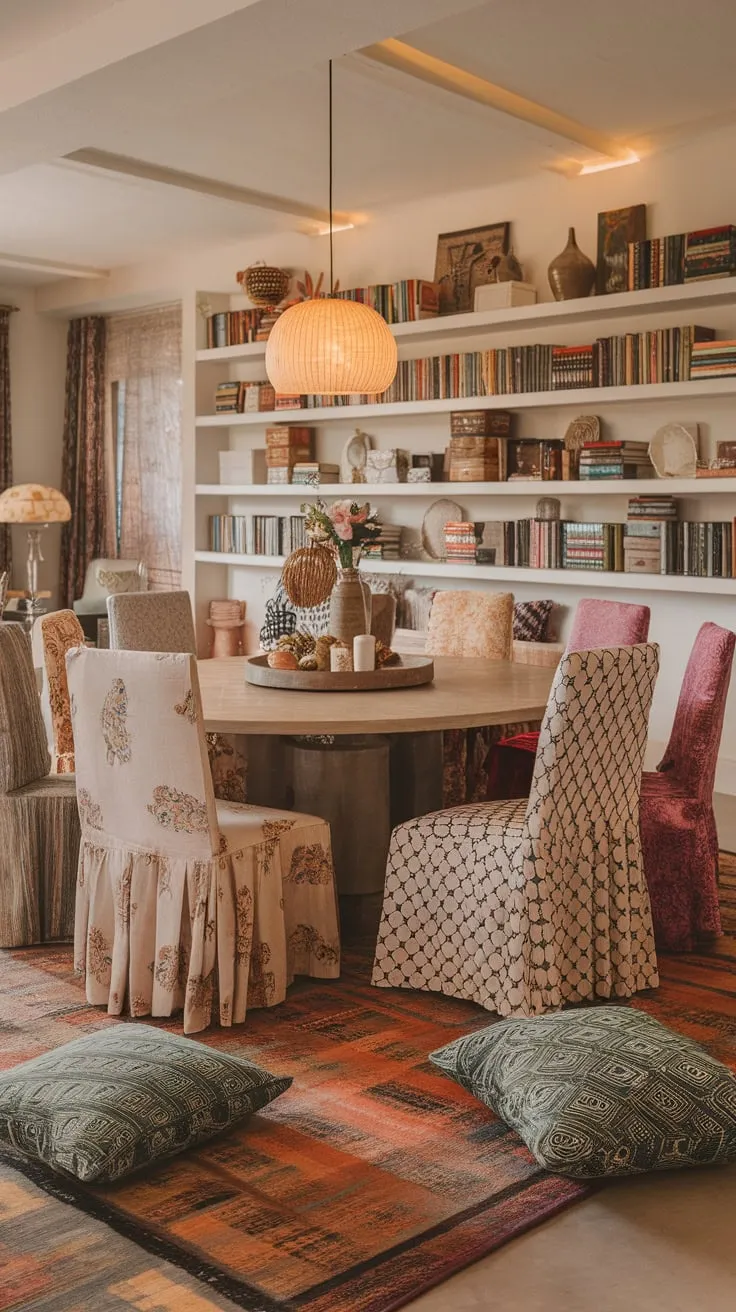 Warm lighting illuminates a vibrant boho dining room, its eclectic mix of patterned rugs, chairs, and shelves creating a welcoming and open space