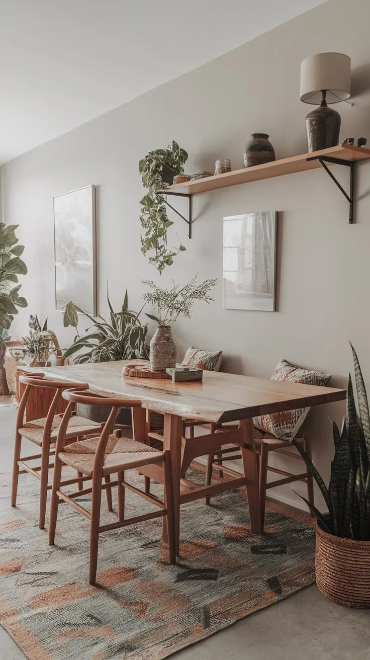 A patterned rug, potted plants, and eclectic décor define the bohemian charm of this airy dining room.