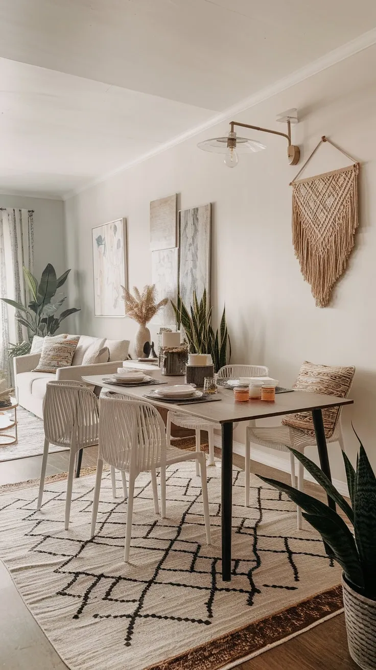 White walls showcase a vibrant boho dining room's eclectic style and open concept.
