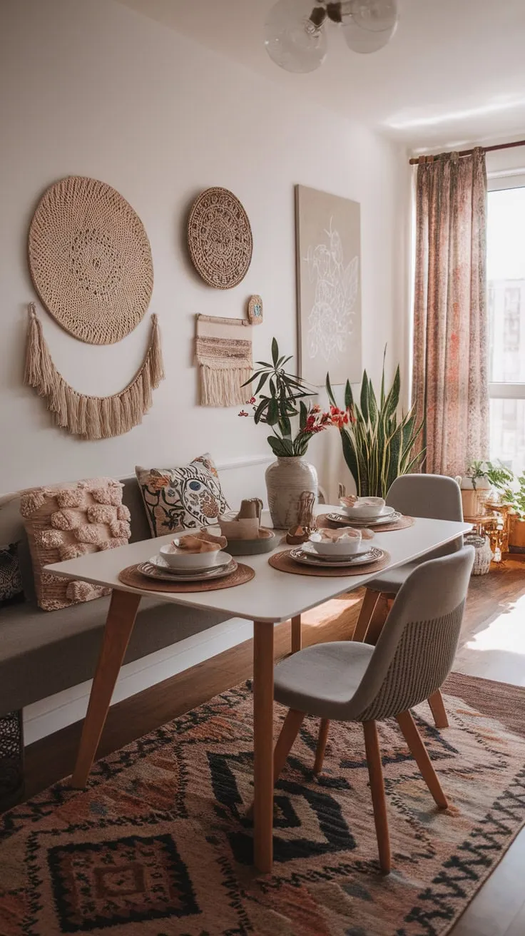 A cozy boho chic dining room, complete with patterned rug, vibrant pillows, and eclectic wall decor, creates an inviting open-concept space.