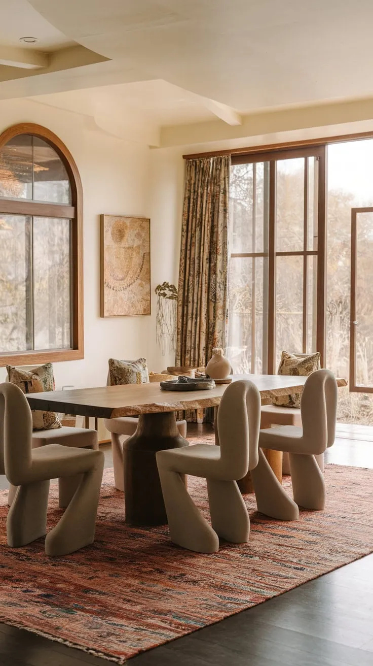 A cream-walled boho dining room showcases a patterned rug, eclectic chairs, and a wooden table, bathed in soft light and overlooking a tranquil natural vista.
