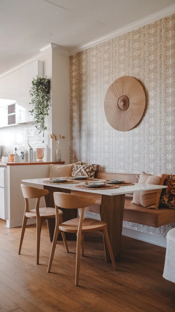 A modern boho chic dining table and patterned wallpaper create a vibrant, open-concept apartment dining room with wooden floors and lush greenery.