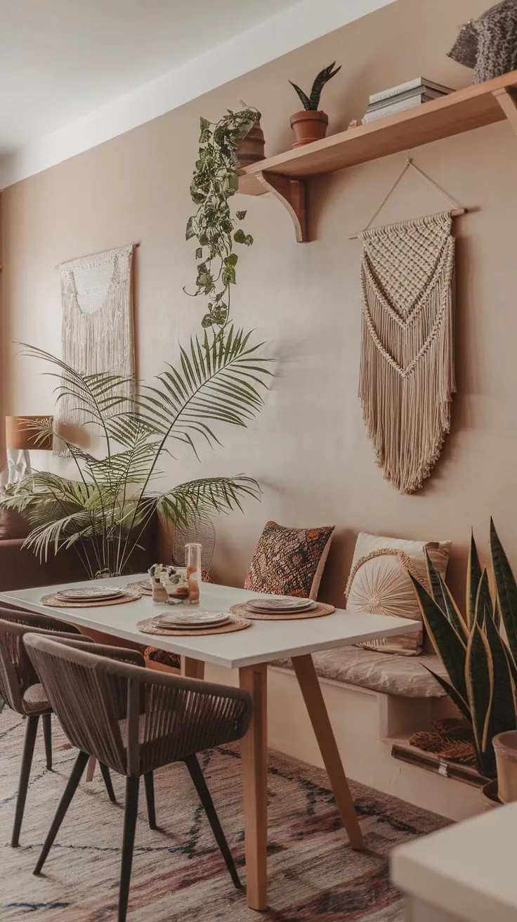 Beige walls and a patterned rug create a relaxed boho chic dining space featuring a modern table, plants, and macrame.