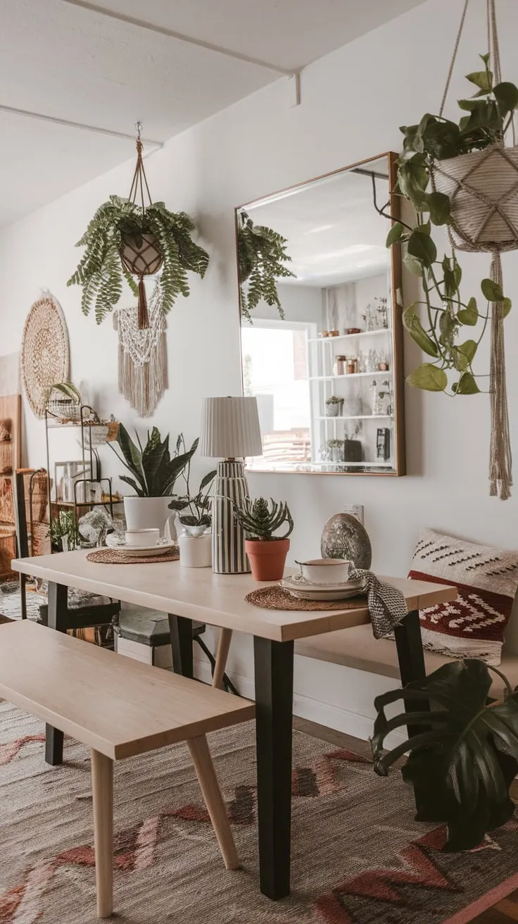 A patterned rug, hanging plants, and a modern boho chic dining table create a vibrant open-concept dining room.