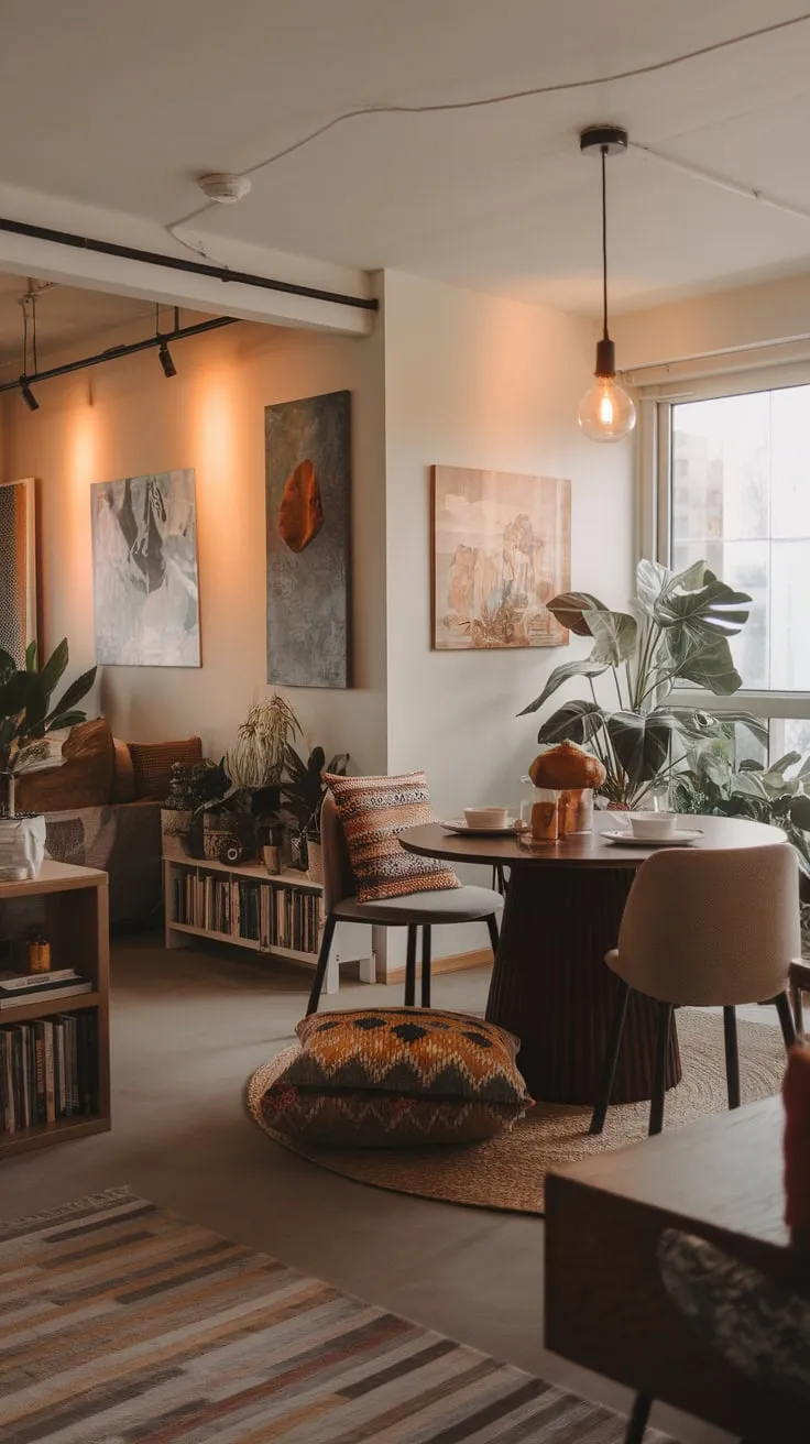 Warm lighting, patterned pillows, and eclectic art create a cozy modern boho dining space in an open-concept apartment