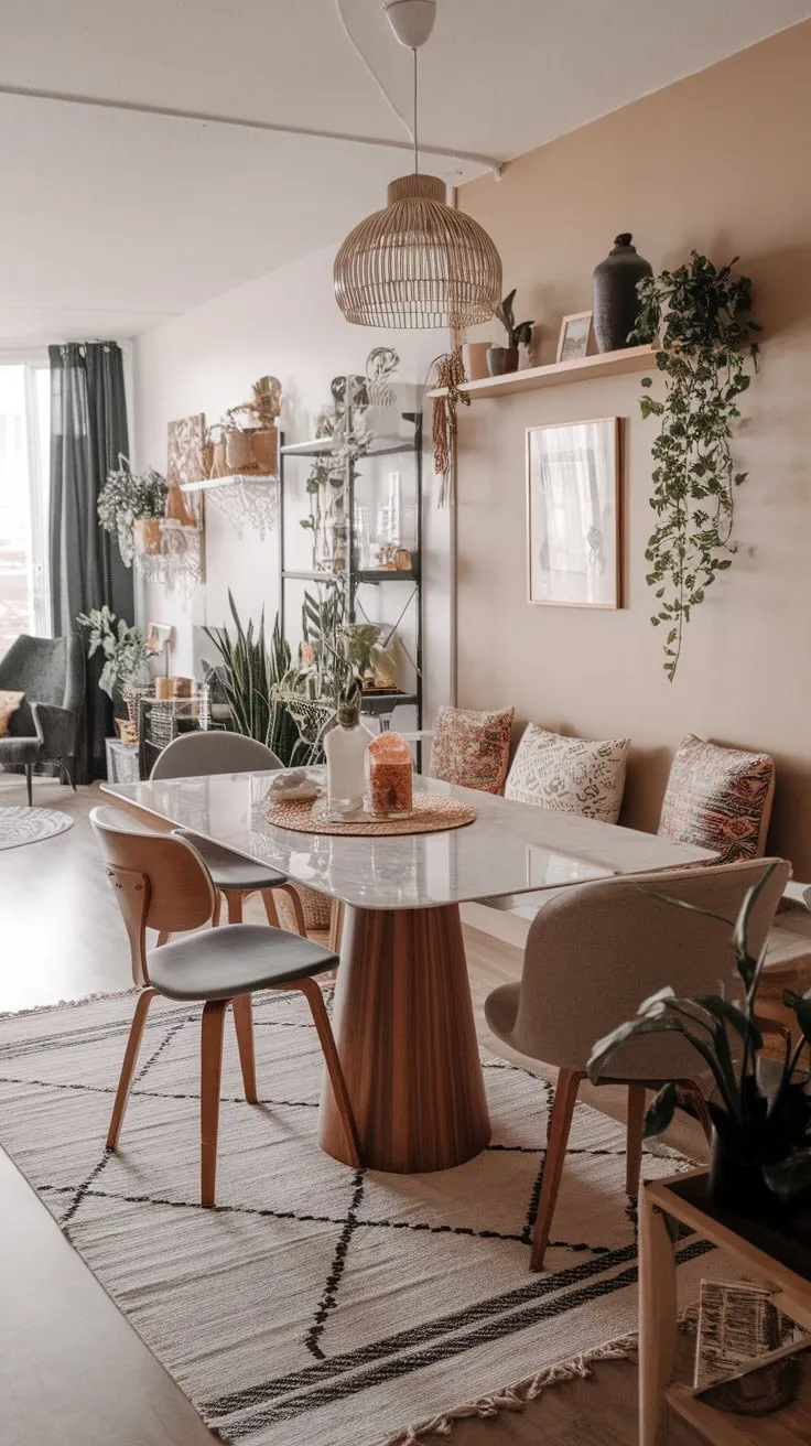 Geometric rugs and wooden accents enhance the relaxed yet stylish atmosphere of this modern boho dining area.