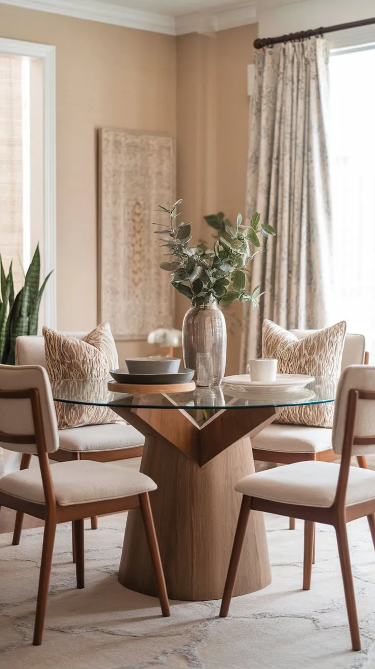 A modern boho dining table with a glass top and beige chairs sits elegantly in a sunlit room, accented by patterned pillows and a lush plant.
